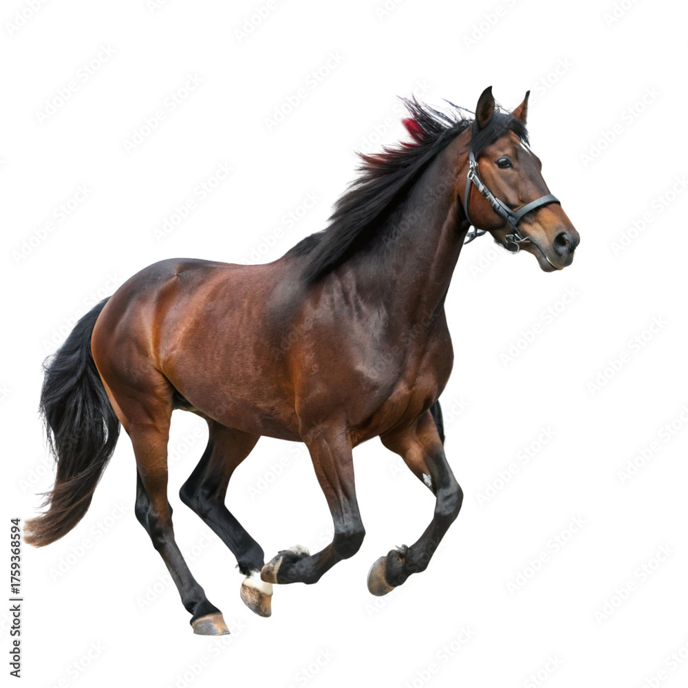 Naklejka premium A powerful brown horse with a dark mane galloping freely, isolated on transparent background