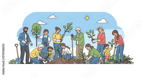 Diverse group of people planting trees and gardening together outdoors in a sunny day with blue sky.