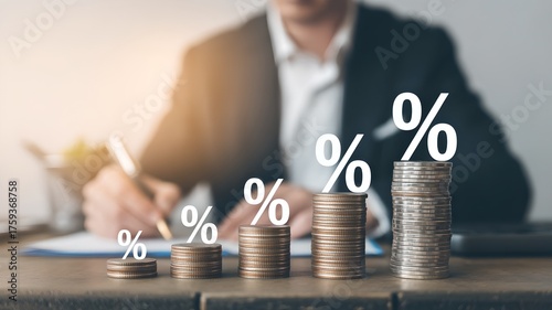 Financial Growth Concept - Stacks of Coins with Percentage Symbols