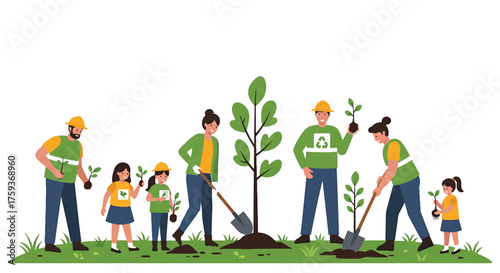 Illustration of a diverse group of people planting trees and seedlings together outdoors