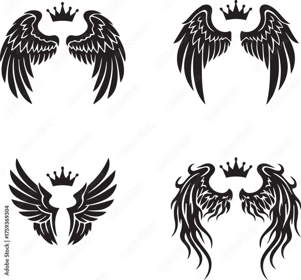 Obraz premium Set of Four Black Wing and Crown Emblems wings logo