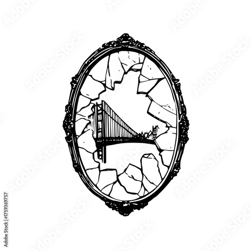 Golden gate bridge san francisco framed in broken mirror art illustration drawing design template vector
