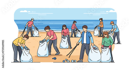 A group of people collecting trash on a beach with white bags and cleaning tools.