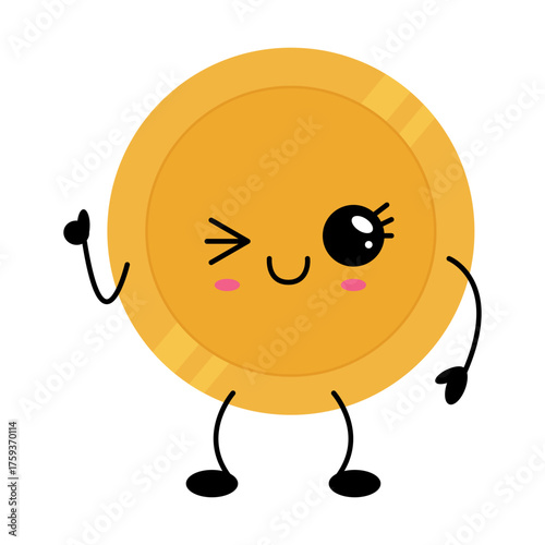 Playful golden coin illustration in kawaii cartoon style with cheerful expression. Perfect for financial, success, reward, or luck themed projects.