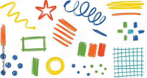 Collection of Hand Drawn Scribble Shapes and Elements on White Background
