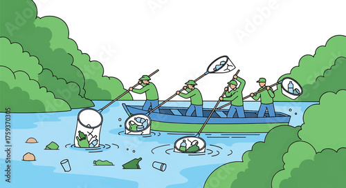 Cartoon illustration of people in a canoe collecting trash from a river with a serene natural background.