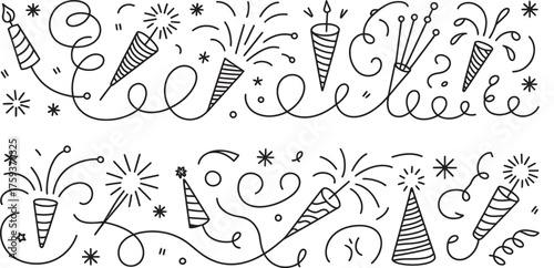 Black and White Decorative Border with Party Poppers and Confetti celebration festive