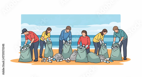 Illustration of a group of people collecting trash in green bags on a beach with a blue ocean background.