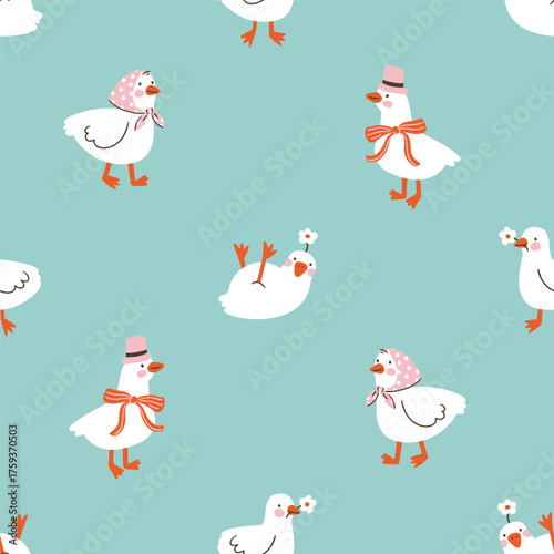 Vector daisy goose seamless pattern. White birds and flowers on turquoise background. Funny childish animal seamless print design for kids fabric or nurseary wallpaper