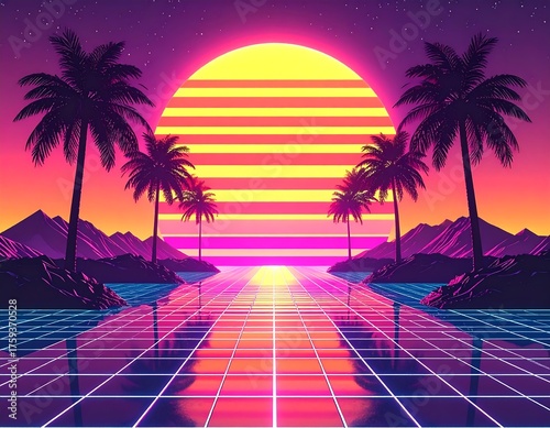 Neon sunset over ocean, palms, and grid leading to the horizon