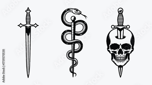 Collection of minimalist style emblems featuring swords snake and skull
