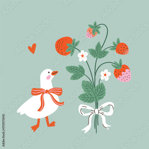 Vector strawberry and goose greeting card. White bird and strawberry bouquet on mint background. Funny childish animal print design for kids nurseary poster.