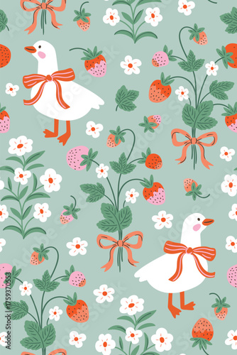 Vector strawberry goose seamless pattern. White birds, flowers and strawberries on mint background. Funny childish animal seamless print design for kids fabric or nurseary wallpaper