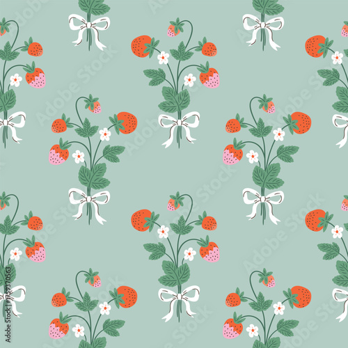 Vector strawberry seamless pattern. strawberry bouquet on mint background. Funny childish preppy print design. Fruit coquette background