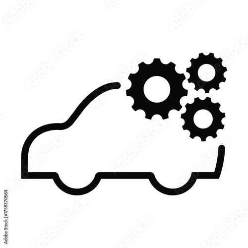 Car service and repair icon with a simple outline of a car and three cogwheels (gears) partially emerging from the body. Represents vehicle maintenance, automotive settings, mechanical engineering