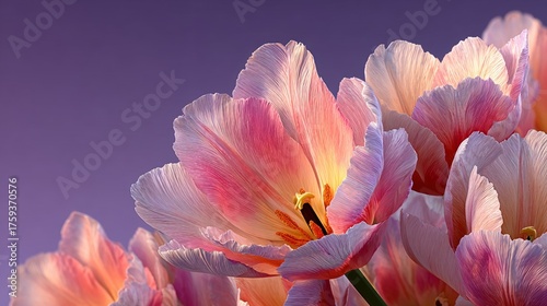 Vibrant Pink and Peach Tulips Glowing Against a Dreamy Purple Background