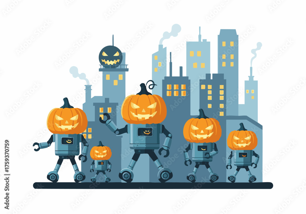 Fototapeta premium A group of five cartoon robots with jack-o'-lantern heads stand in front of a stylized city skyline.