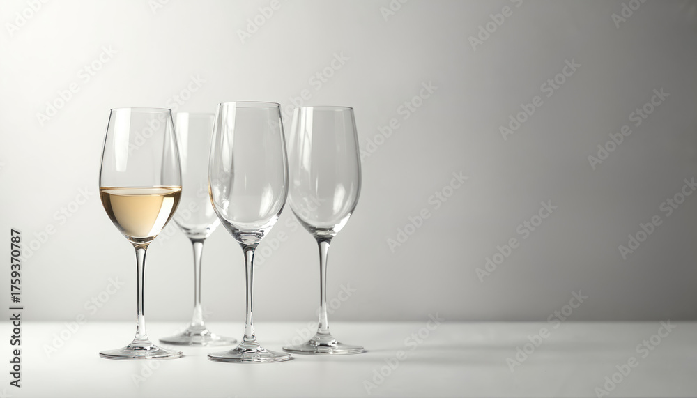 Fototapeta premium Four elegant clear wine glasses stand on white surface. One glass holds white wine, others empty. Clean setup implies bar, restaurant, special event drink service, ready for celebration tasting.