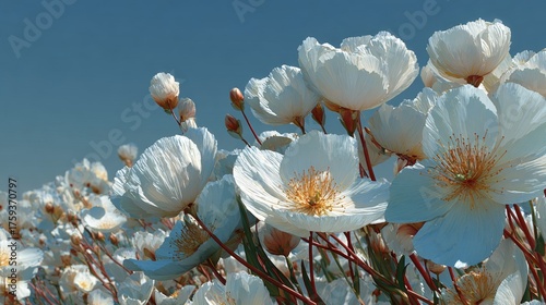 Ethereal White Flowers with Golden Stamens Against a Clear Blue Sky, a Serene and Dreamy Botanical Landscape Perfect for Backgrounds.