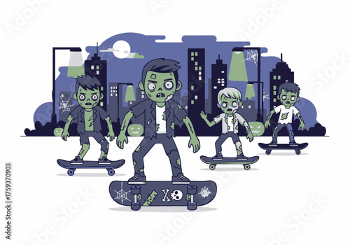 Four cartoon zombies skateboarding through a city at night, under the moonlight.
