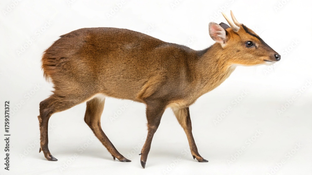 Obraz premium Realistic Muntjac deer on white studio background, small slender body with short antlers and reddish-brown fur, detailed wildlife portrait, sharp focus, professional lighting