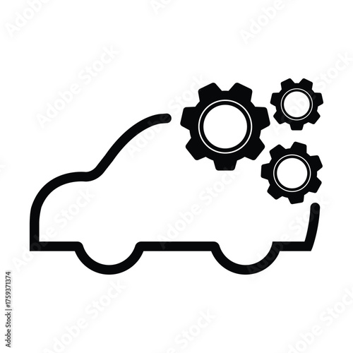 Car service and repair icon with a simple outline of a car and three cogwheels (gears) partially emerging from the body. Represents vehicle maintenance, automotive settings, mechanical engineering