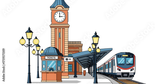 Illustration of a modern train at a classic railway station platform with a prominent clock tower and ticket booth.