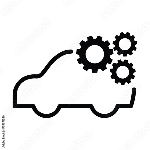 Car service and repair icon with a simple outline of a car and three cogwheels (gears) partially emerging from the body. Represents vehicle maintenance, automotive settings, mechanical engineering
