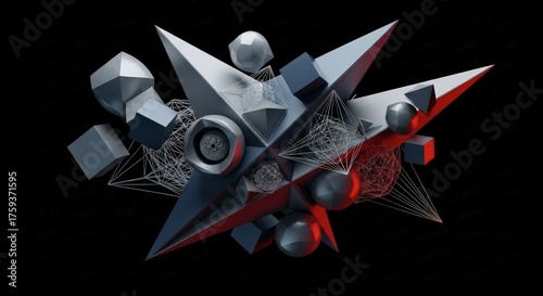 Abstract Geometric Sculpture with Complex Structure and Red Lighting