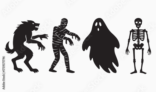 Halloween Horror Silhouettes – Werewolf, Mummy, Ghost and Skeleton Icons in Black