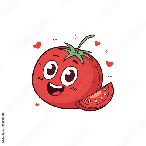 Happy cartoon tomato with a slice and hearts