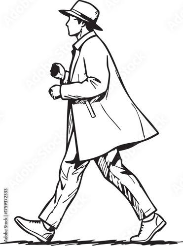 Vector illustration of a walking detective man in a trench coat and hat
