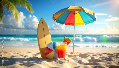Wallpaper Mural Colorful beach scene with umbrella surfboard tropical drinks and ocean backdrop under blue sky for editorial travel photography summer leisure and tropical vacation-themed visuals Torontodigital.ca