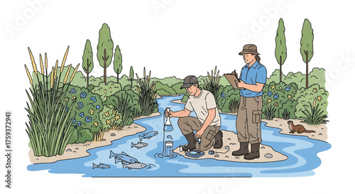 Illustration of two men in waders monitoring water quality in a serene stream with fish and lush vegetation.