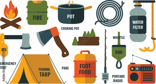 Camping and Survival Gear Illustrated Icons of Essential Outdoor Equipment for Wilderness Adventures