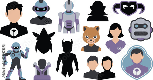 Cartoon Avatars Robots, Silhouettes, People, and a Bear with White Background Isolated Vectors