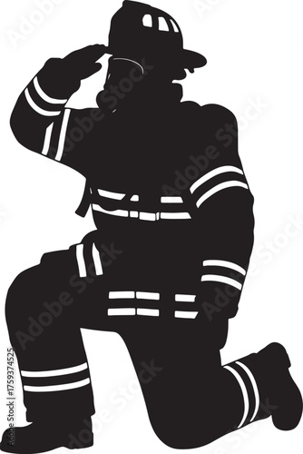 Silhouette of a firefighter in full gear kneeling and saluting on a white background fire fighter fire department also transparent background