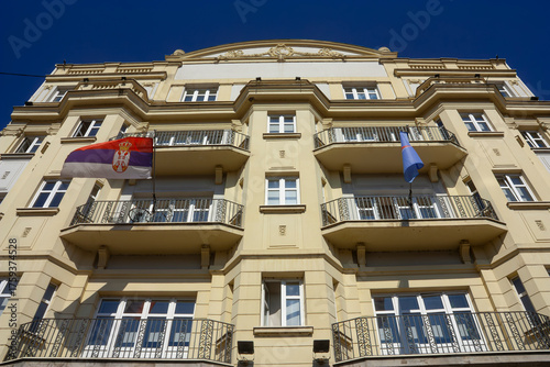 Close up of the facade of an interwar building
