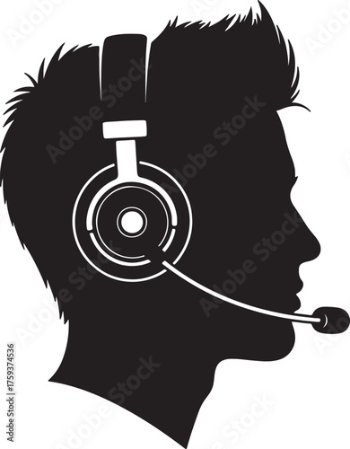 Silhouette Profile of a Person Wearing Headphones with Microphone traced whisk also transparent background