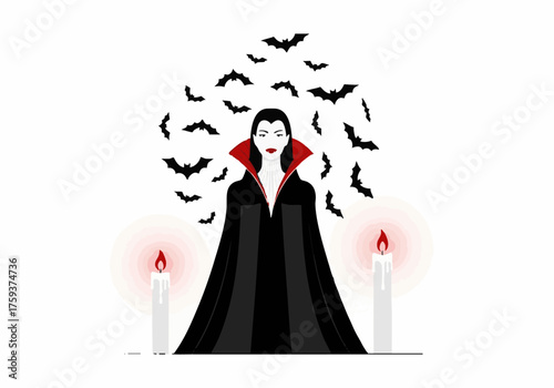A stylized vampire woman in a black cloak with a red collar stands between two lit candles, surrounded by silhouetted bats on a white background.