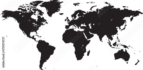 Black Silhouette of the World Map Showing Continents and Countries globe earth also transparent background