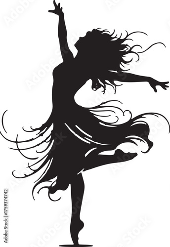 Silhouette of a Graceful Dancer in a Flowing Dress with Windblown Hair dancing also transparent background