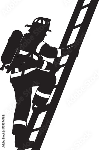 Silhouette of a firefighter climbing a ladder with an oxygen tank and gear rescue emergency also transparent background