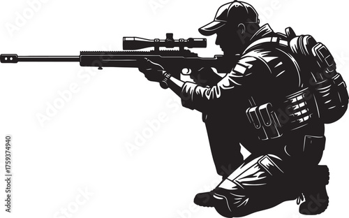 Silhouette of a Soldier with a Sniper Rifle in a Crouching Position on a White Background weapon also transparent background