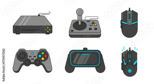 Gaming Gear Icons Game Console, Joystick, Mouse, Controller, VR Headset, and More in Flat Design