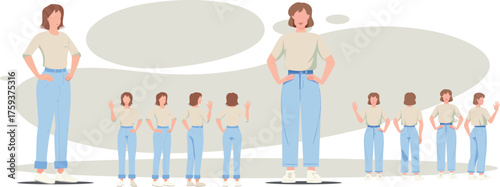 A woman contemplating multiple paths ahead, visualizing her future and choices in a clean, flat vector style with thoughtful composition.