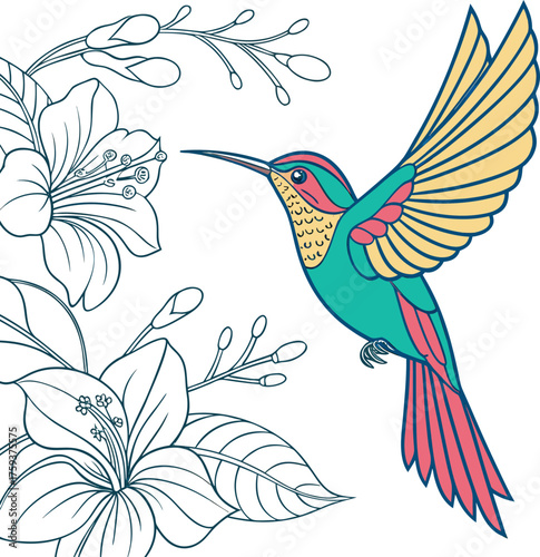 Vibrant hummingbird in flight with delicate floral accents and isolated on transparent background