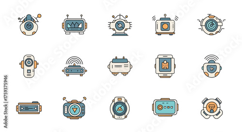 Flat vector icon pack of futuristic robots, androids, and AI characters isolated on a white background