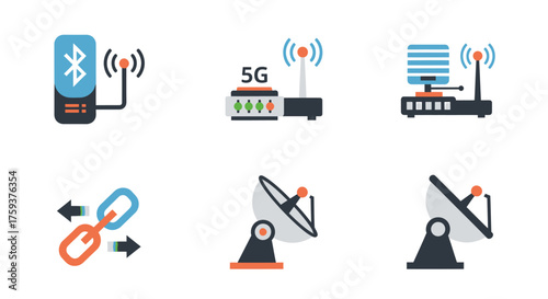 Wireless Communication Technology Icons, Antenna, Satellite, Connection, Flat Design, Digital Concept, Front View