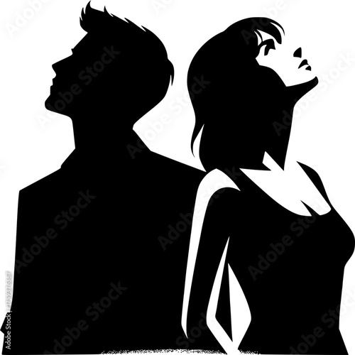 Dreaming Apart: A male and female silhouette stand back-to-back, each gazing skyward, as they are lost in the reverie of solitary thoughts. It's a poignant portrayal of reflection and introspection.